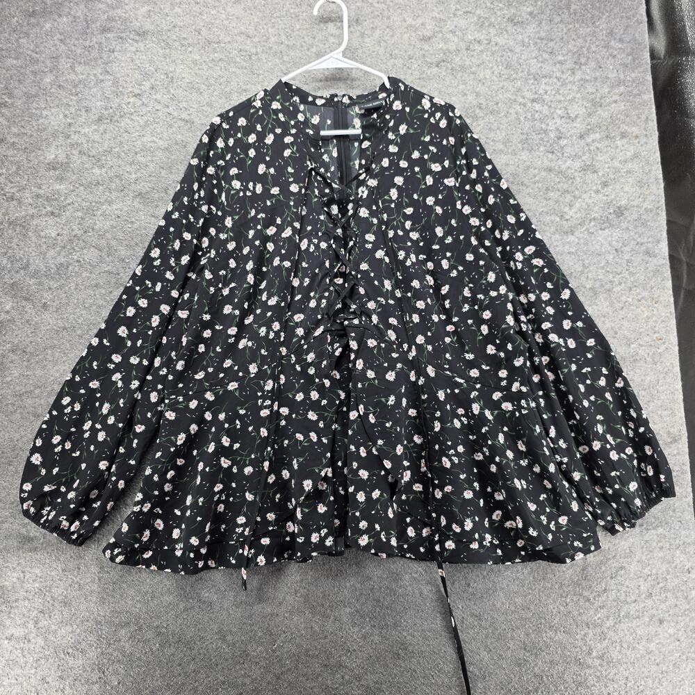 Lane Bryant Blouse Womens 24 Black Floral Lace Up Peplum Long Sleeve Plus Boho